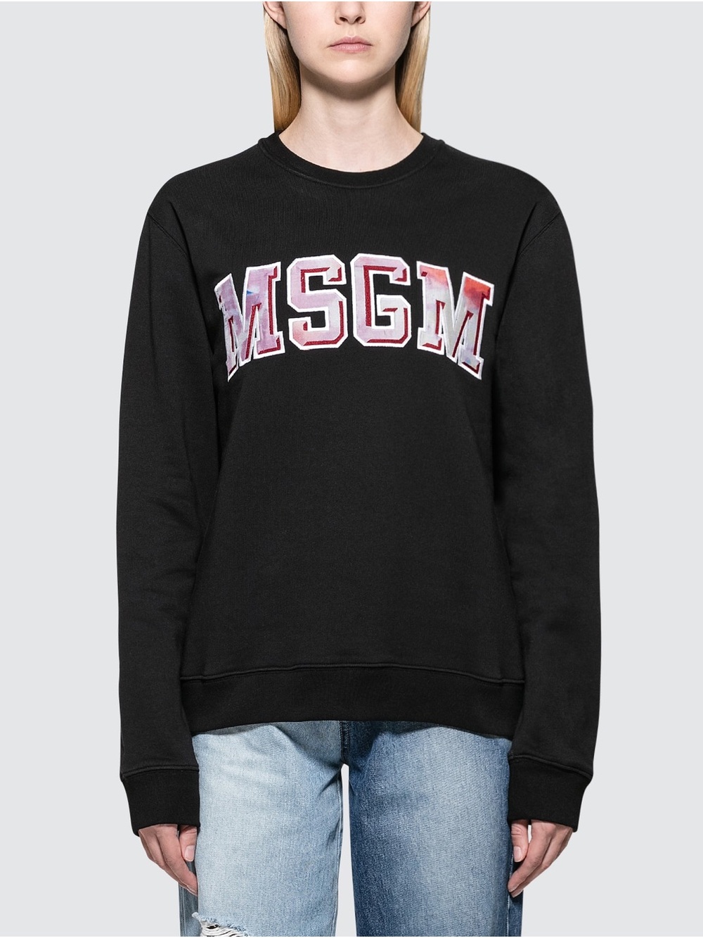 MSGM Milano Women’s Black College Logo Silk Appliqué Crewneck Sweatshirt S